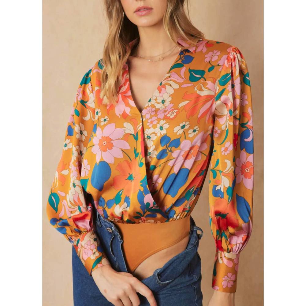 NEW ENTRO floral print bodysuit in camel - Picture 1 of 6